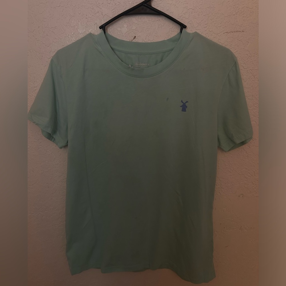 Dutch bros blueish t shirt with windmill on back